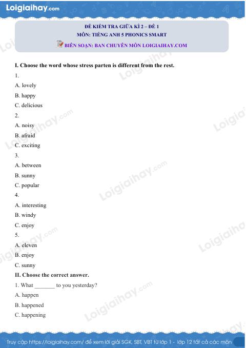 Đề thi giữa kì 2 Tiếng Anh 5 Phonics Smart - Đề số 1